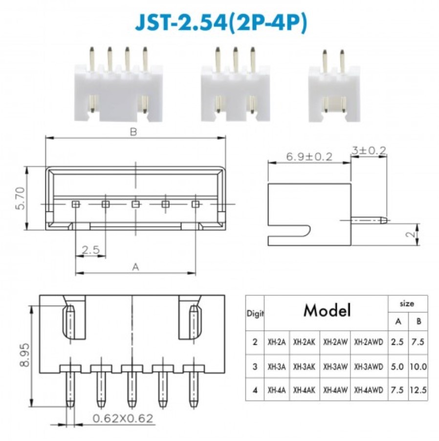 JST XH 2.54mm 3-Pin PCB Mount Straight (pack of 4) - Image 2